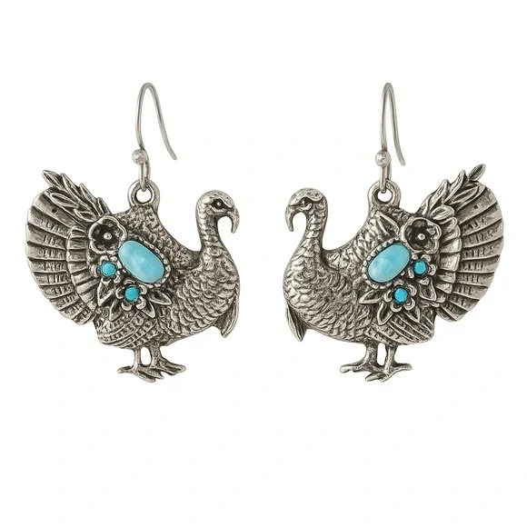 Silver and Turquoise Peacock Earrings - Picture 1 of 8